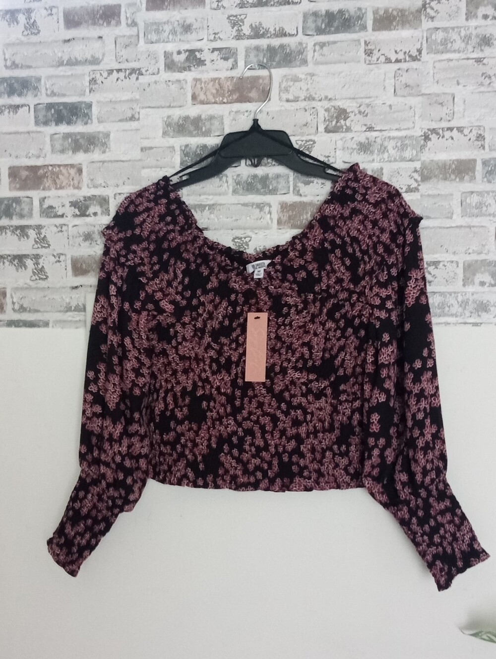BB Dakota Black and Pink Floral Smocked Yoke Blouse New